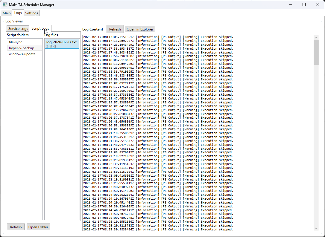 Script logs view